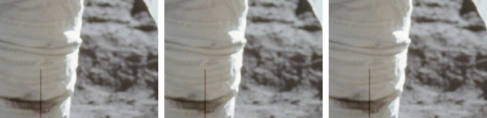 Three side-by-side crops of the same patch of the Apollo 11 photo, enlarged: the decoded HEIC, the quality 75 JPG with smoother grain, and the quality 92 JPG that matches the original